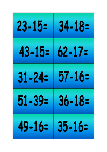 Snakes and Ladders subtracting 2 digit numbers cards