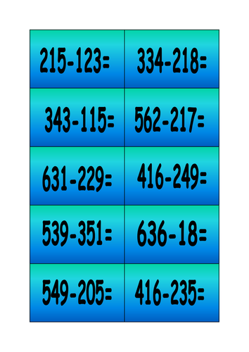 Snakes and Ladders Subtracting 3 digit numbers cards