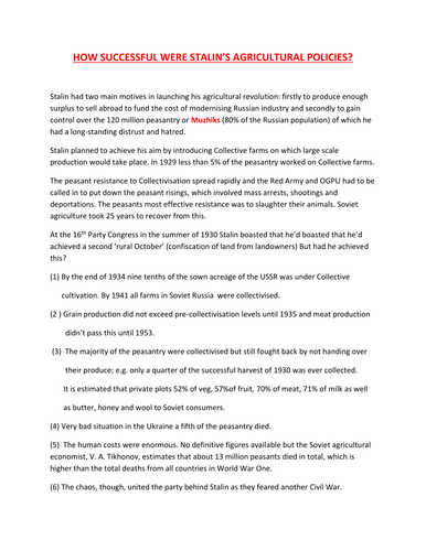 A LEVEL: HOW SUCCESSFUL WERE STALIN’S AGRICULTURAL POLICIES?