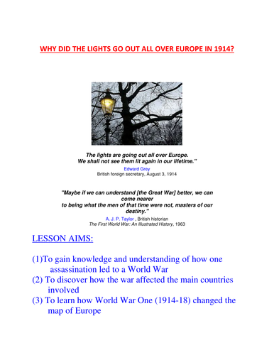 World War One Cross Curricular Why Did The Lights Go Out All Over 