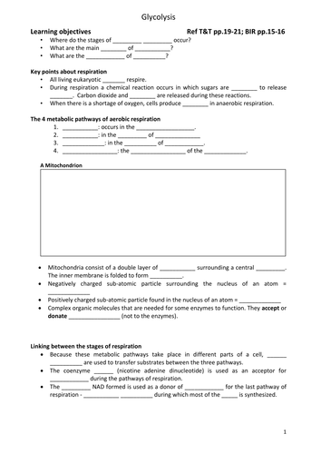 AQA A-level Biology (2016 specification). Section 5 Topic 14: Respiration work booklet