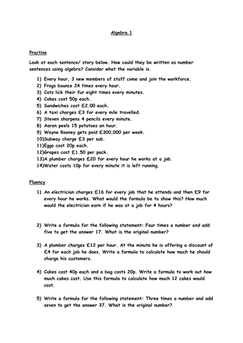 Algebra Expressing Problems worksheets (Year 6)