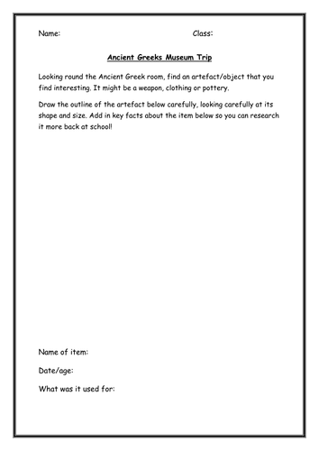 Ancient Greek School Trip Artefact Worksheet