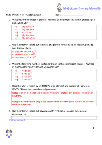 AQA GCSE unit 1 chemistry worksheet - worksheet on atoms and isotopes including Ar calculations