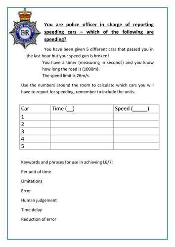 KS3 Physics Calculating Speed Lesson Speeding Cars Differentiated 