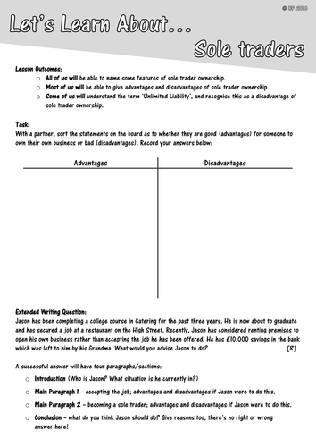 Sole trader Business Ownership FULL lesson includes assessment, lesson ...