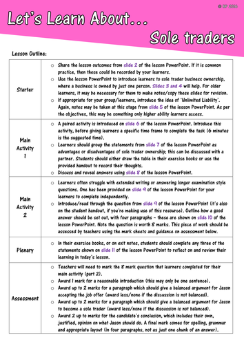 Sole trader Business Ownership FULL lesson includes assessment, lesson ...