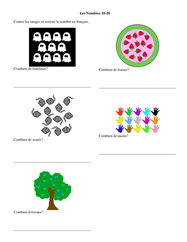 Comptons d'1 à 20 Companion Worksheet 10-20