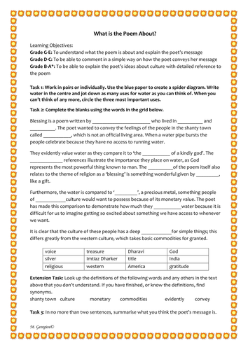 Poem 'Blessing' with Tasks' activities to understand the poem &prepare for GCSE and IGCSE