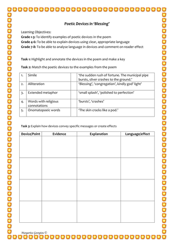 Analysing sound and poetic devices in the poem 'Blessing'