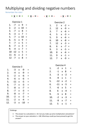 Multiplying and dividing negative numbers worksheet