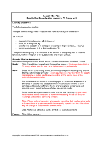 GCSE Science / Physics -Specific Heat Capacity (PowerPoint and Lesson Plan)