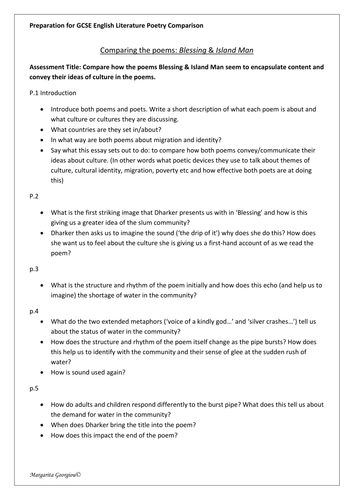 Poetry Comparison Essay GCSE & IGCSE preparation (poems 'Blessing' & 'Island Man')