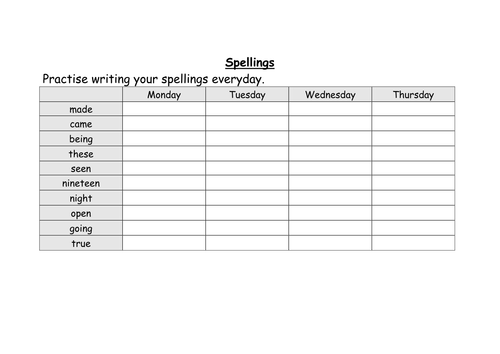 weekly spelling for year 3