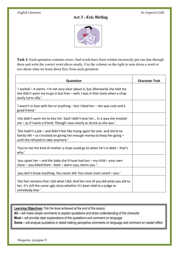 An Inspector Calls - Eric Birling analysis whole lesson including homework.