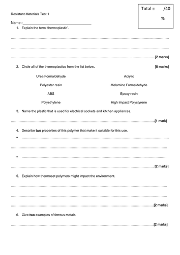 AQA GCSE Resistant Materials Test Plastics, metals, woods, health and ...