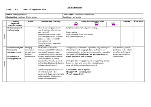 Literacy planning - The Demon Headmaster Year 3/4 | Teaching Resources