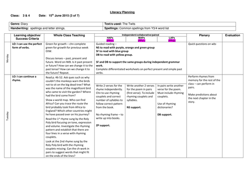 Literacy planning - The Twits Year 3/4 (5 weeks) | Teaching Resources