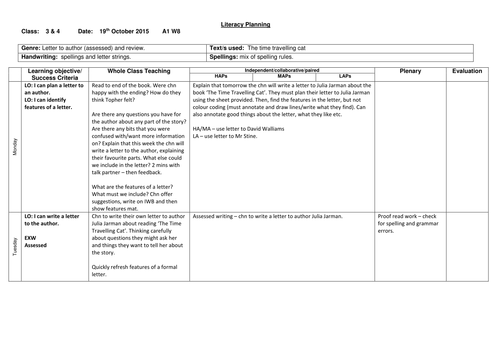 Literacy planning - The Time Travelling Cat, Year 3/4 (8 weeks ...