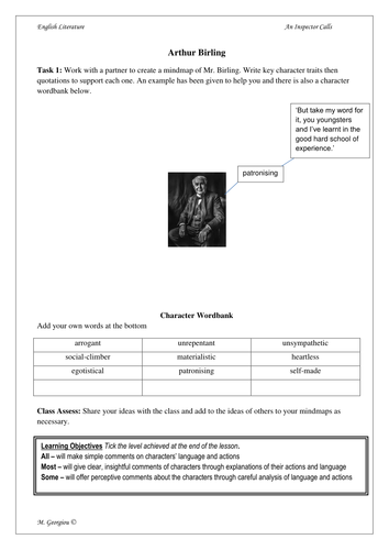 An Inspector Calls - Arthur Birling analysis tasks