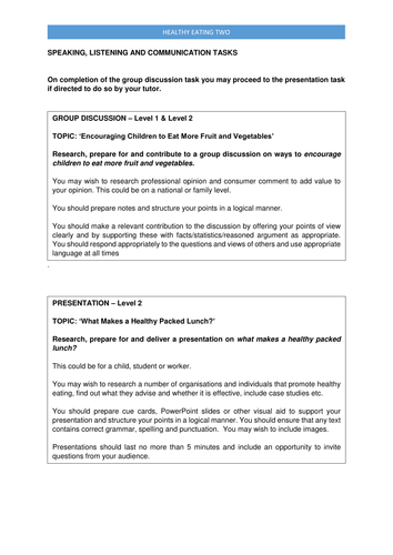 Healthy Eating Two - Speaking and Listening Tasks