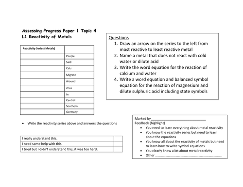 Edexcel 9-1 CC11a Reactivity - Displacement, REDOX (Higher and Lower) TOPIC 4 PAPER 1