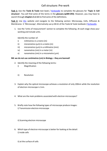 AQA AS & A-level Biology (2016 specification). Section 2 Topic 3: Cells. Pre-work