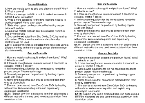 Edexcel 9-1 CC11b Ores (Higher and Lower lessons) + Homework TOPIC 4 PAPER 1 Extracting metals