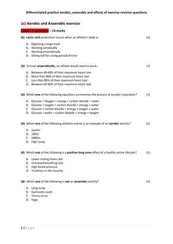 AQA GCSE PE: Aerobic and anaerobic exercise homework and assessment ...