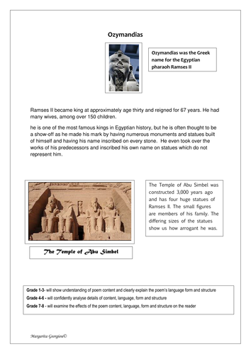 Poem analysis worksheet - 'Ozymandias' by P. Shelley