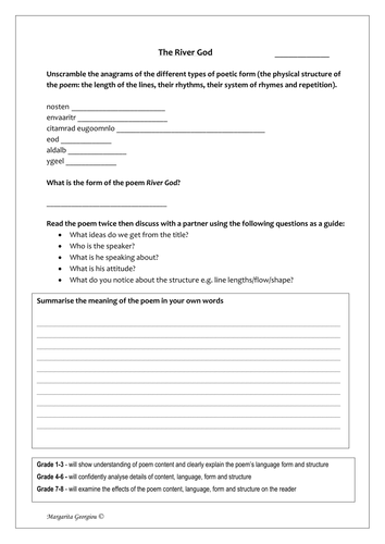 Poem analysis worksheet - poem 'River God' by Stevie Smith