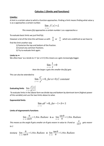 Revision notes on limits and functions | Teaching Resources
