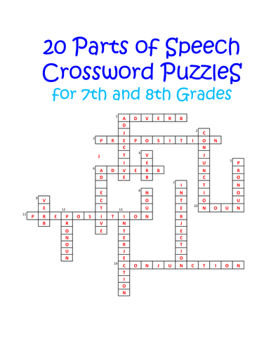 20 Parts of speech crossword Puzzles for Grades 7 and 8 Teaching