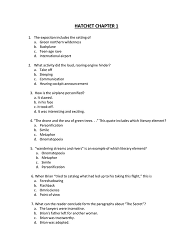 Hatchet Difficult Chapter Multiple Choice questions | Teaching Resources