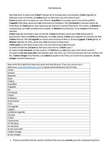 My Weekends  B Grade Controlled Assessment Helpsheet