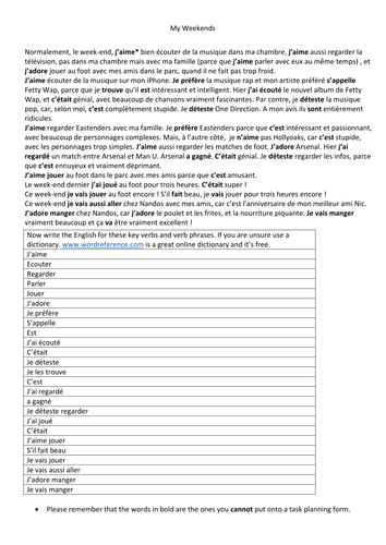 My Weekends A Grade Controlled Assessment Helpsheet