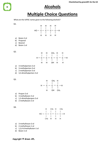 Assessment: Alcohol Multiple Choice Chemistry Questions