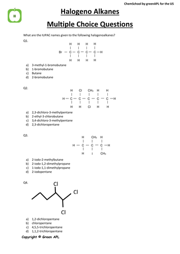 Assessment: Haloalkanes Multiple Choice Chemistry Questions