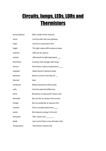 LED Crossword and answer Teaching Resources