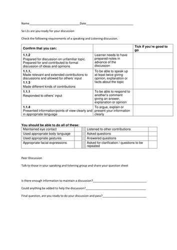 Speaking & Listening handouts to prepare for the discussions E3 and L1