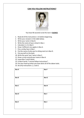 KS3 English or Tutor Time Activity - Following Instructions - Fun Starter Test