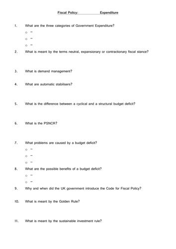 Fiscal Policy: Expenditure worksheet