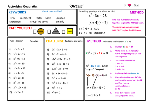 Factorising quadratics ONESIE