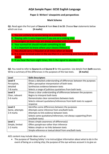 GCSE English Language Paper 2: pack of 4 sample papers with mark schemes (AQA) | Teaching Resources