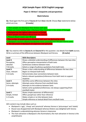 Gcse English Language Paper 2 Pack Of 4 Sample Papers With Mark Schemes Aqa Teaching Resources