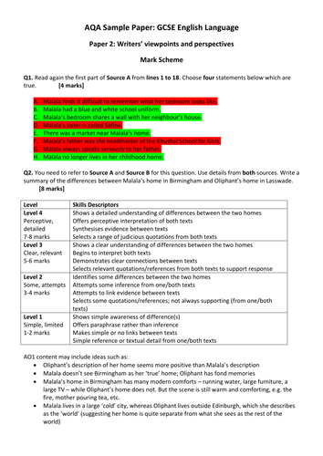 Gcse English Language Paper 2 Pack Of 4 Sample Papers With Mark Schemes Aqa Teaching Resources