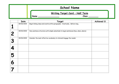 Lower Ability Writing Target Cards - KS2