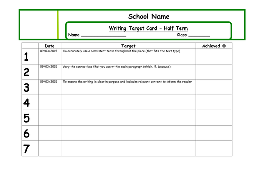 Middle Ability Writing Target Cards - KS2