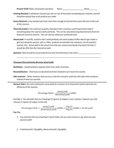 Worksheet Percent Yield Worksheet percent yield and stoichiometry notes practice problems 4 with answer key docx