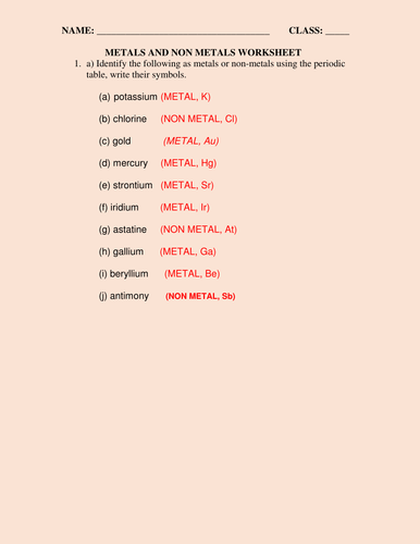 METALS AND NON METALS WORKSHEET WITH ANSWERS | Teaching Resources